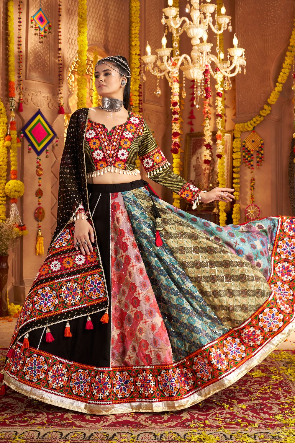 Black and Multi Viscose Rayon Navratri Lehenga Choli with Sequins and Thread Embroidery Work