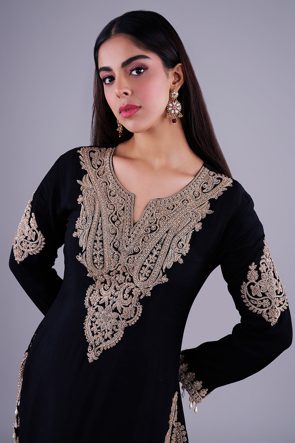 Black antique-gold embroidered kurta set