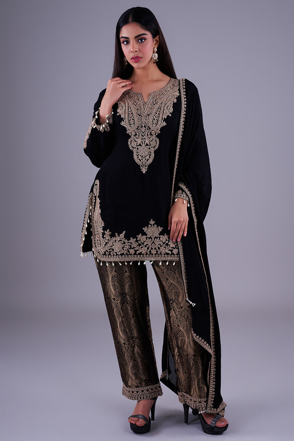 Black antique-gold embroidered kurta set