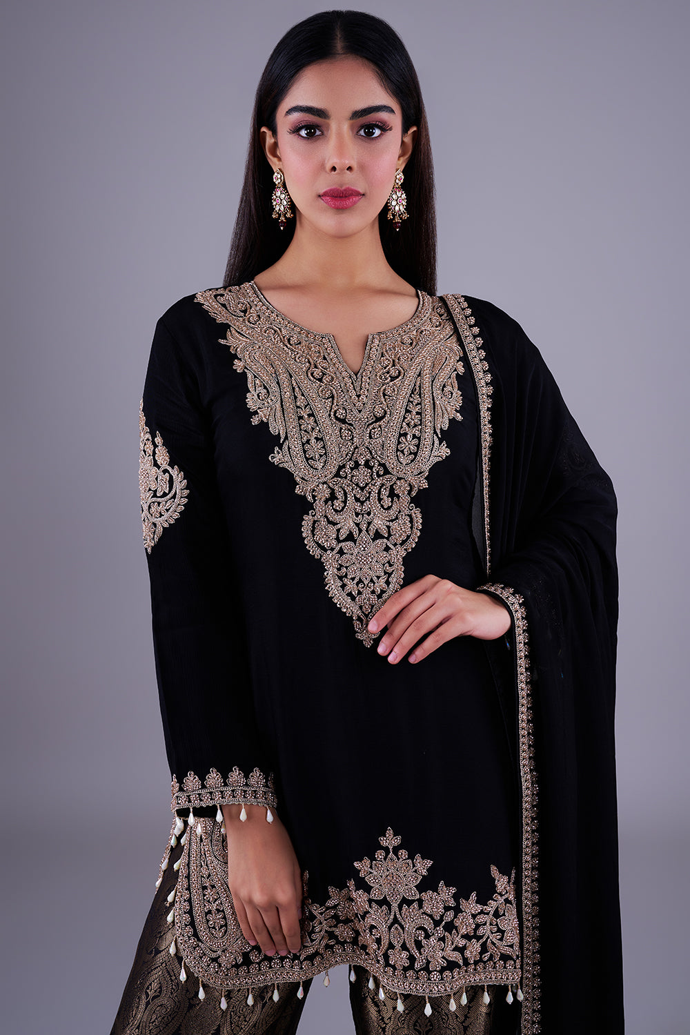 Black antique-gold embroidered kurta set