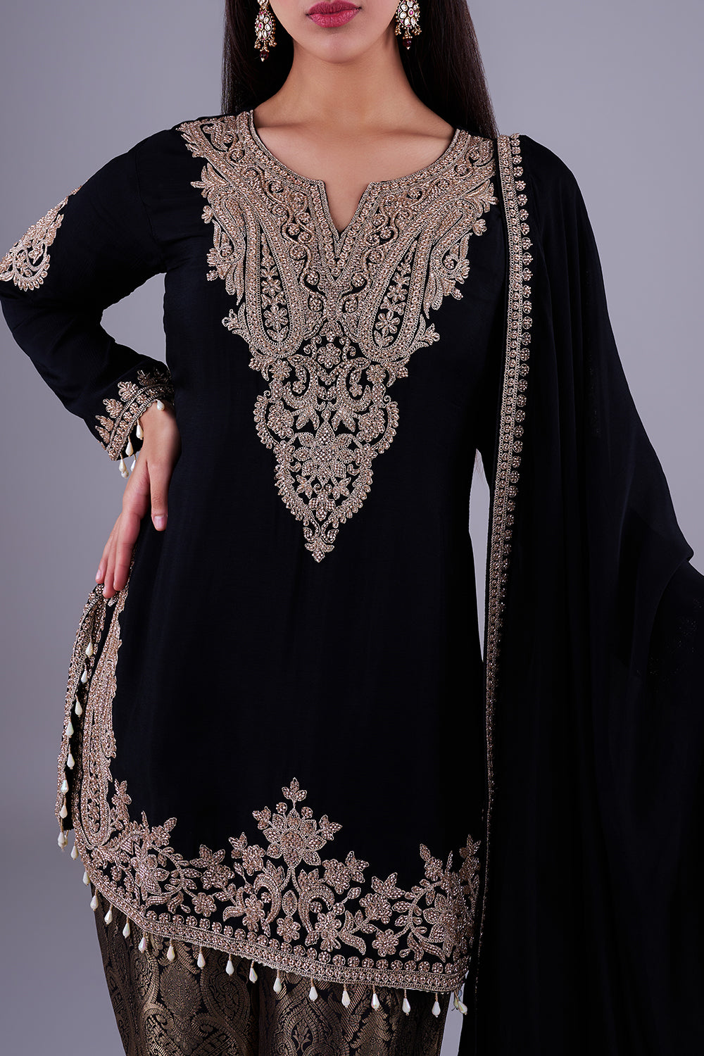 Black antique-gold embroidered kurta set