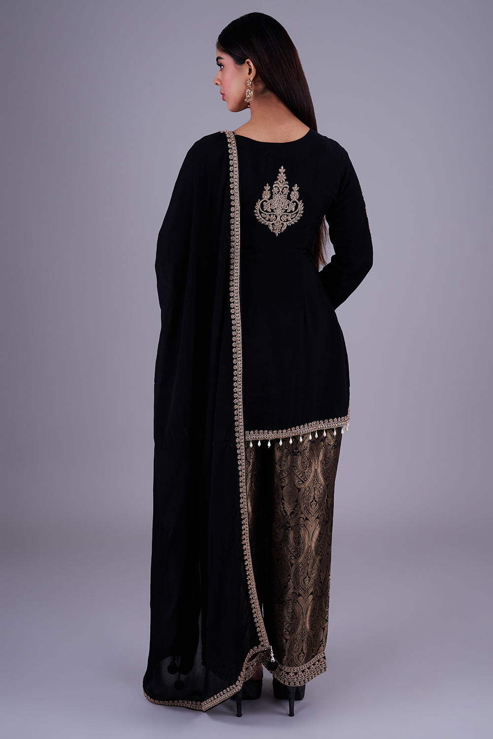 Black antique-gold embroidered kurta set