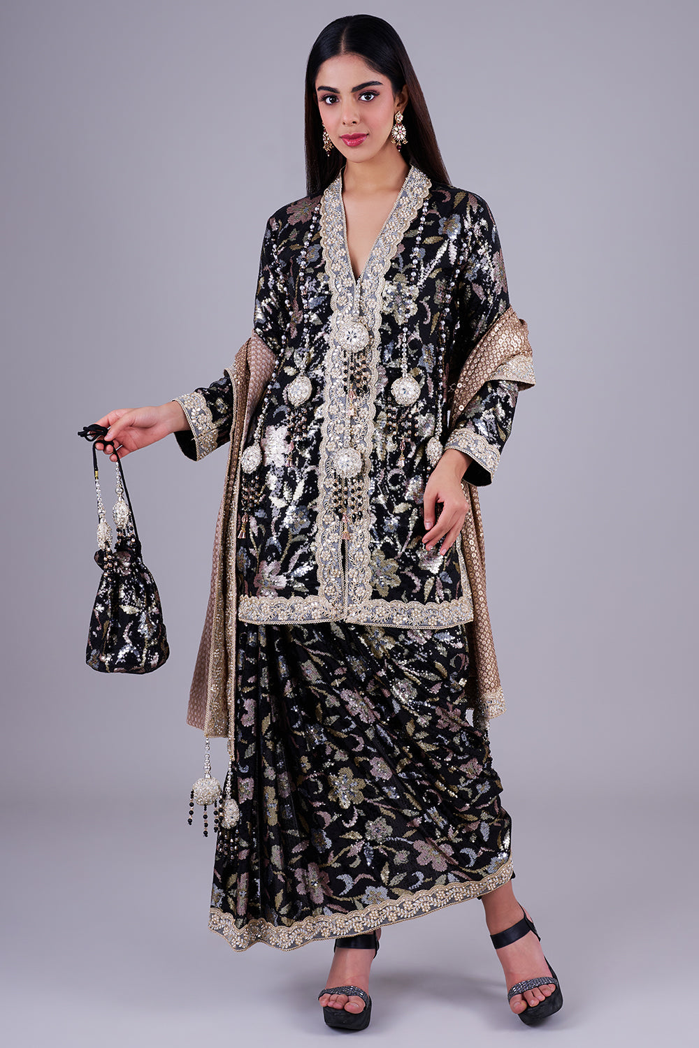 Black sequin floral draped co-ord