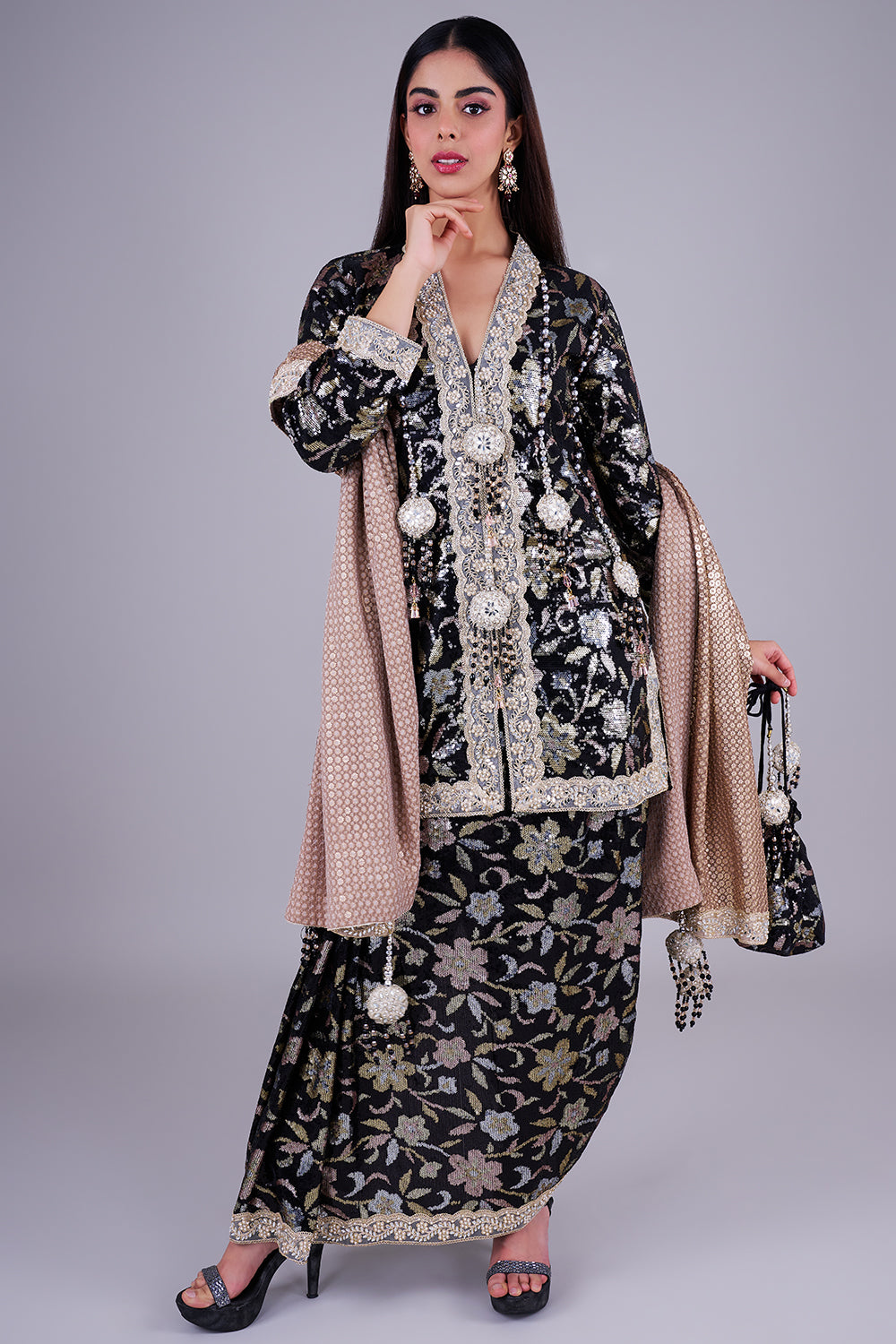 Black sequin floral draped co-ord