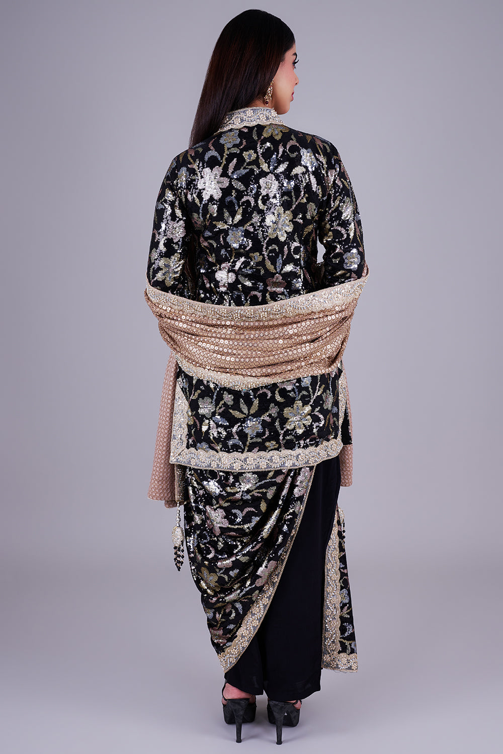 Black sequin floral draped co-ord