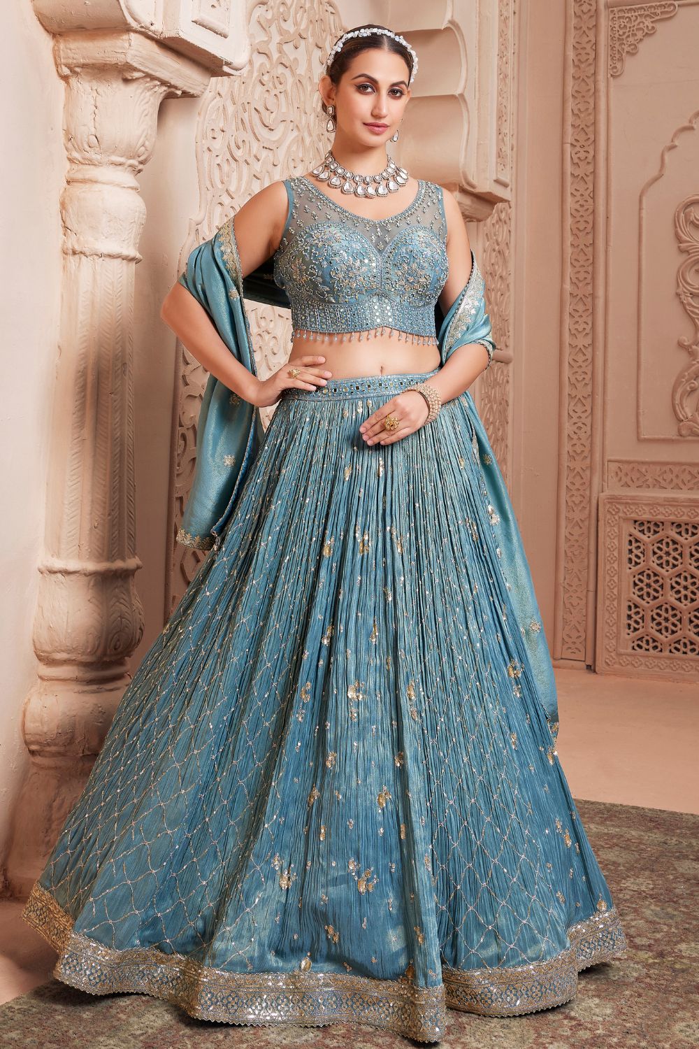 Blue Crushed Tissue Sequinned Designer Lehenga