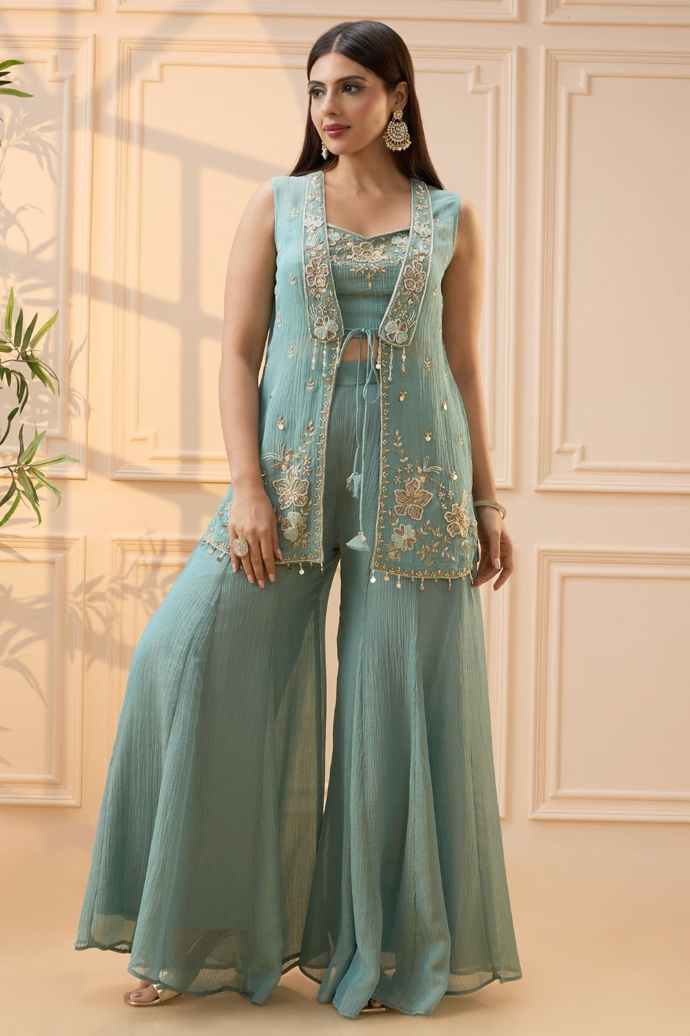 Blue Crush Tissue Palazzo Set with Cutdana and Moti Work