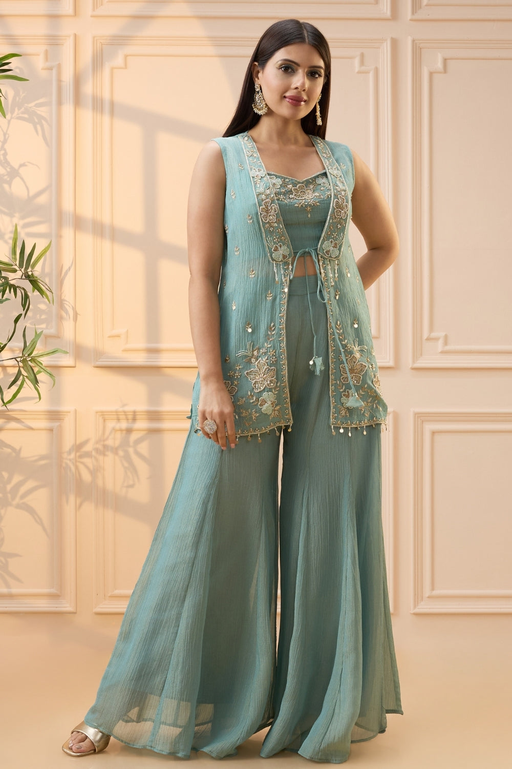 Blue Crush Tissue Palazzo Set with Cutdana and Moti Work