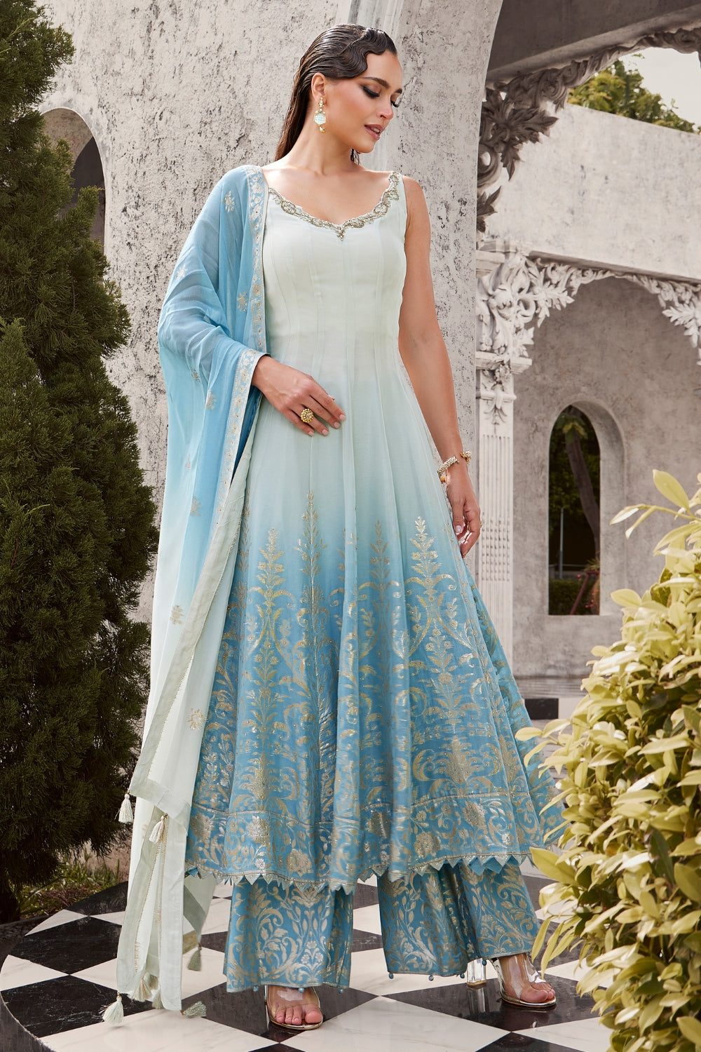 Blue Georgette Anarkali Suit with Zardosi and Cutdana Work