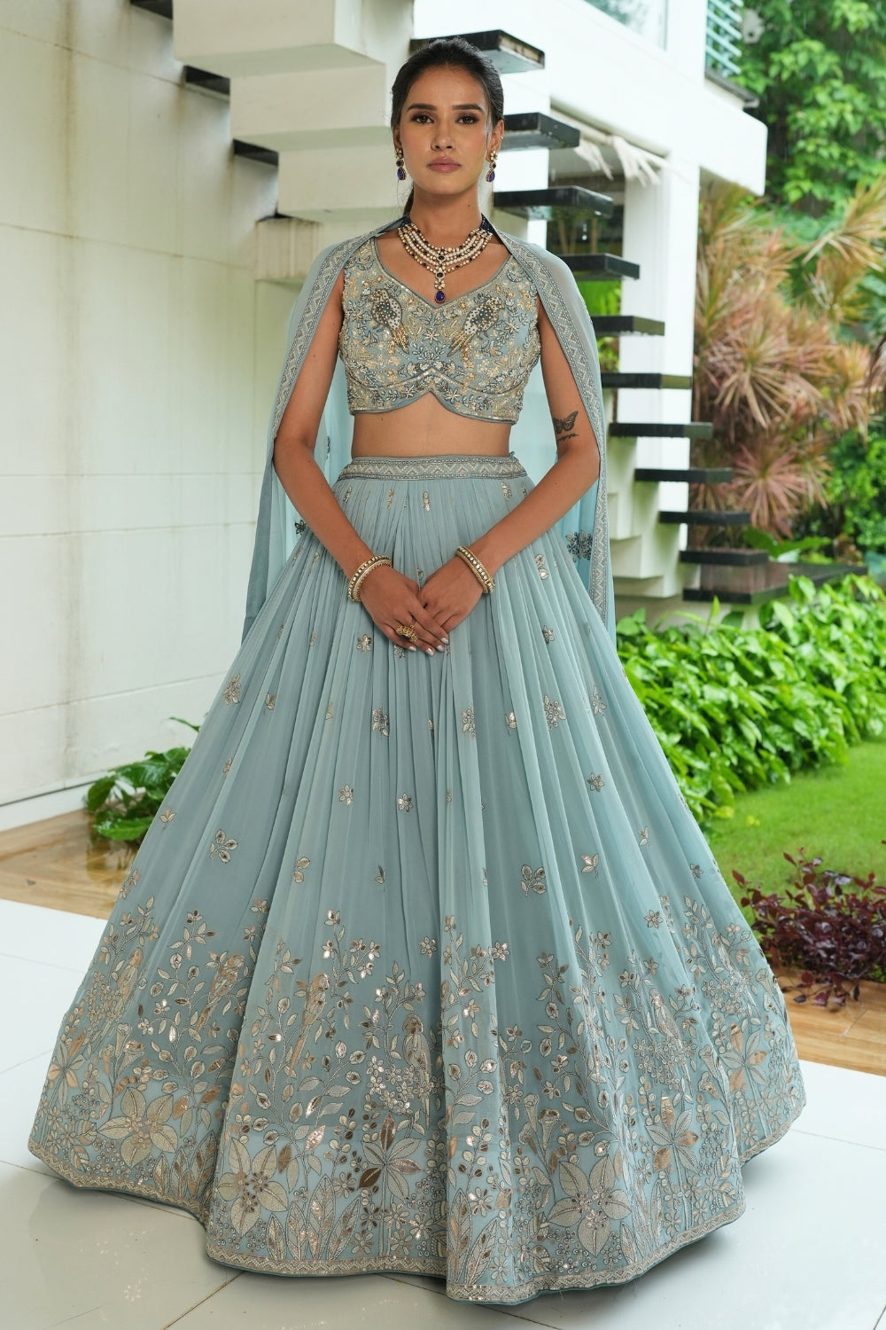 Blue Georgette Lehenga Set with Cutdana and Embroidery Work