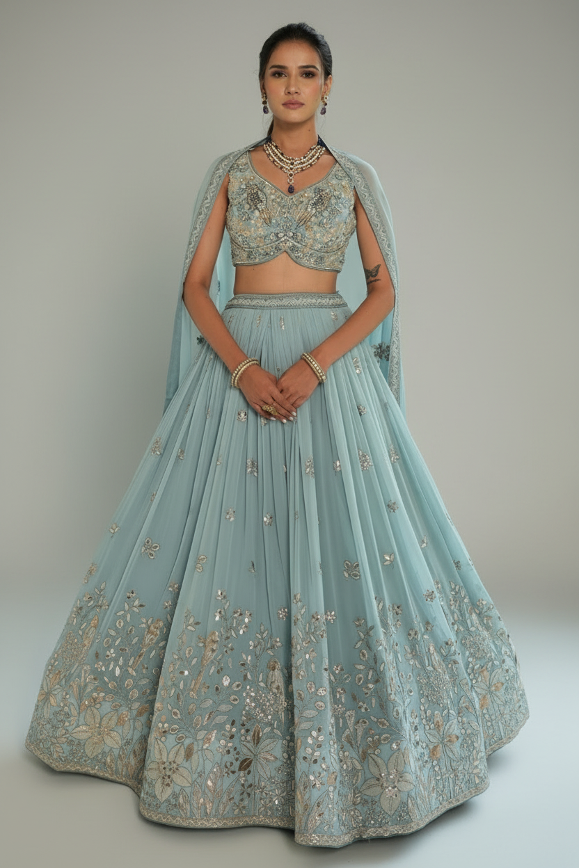 Blue Georgette Lehenga Set with Cutdana and Embroidery Work