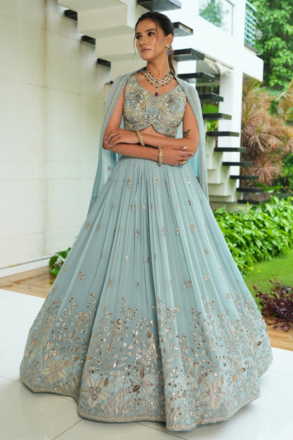 Blue Georgette Lehenga Set with Cutdana and Embroidery Work