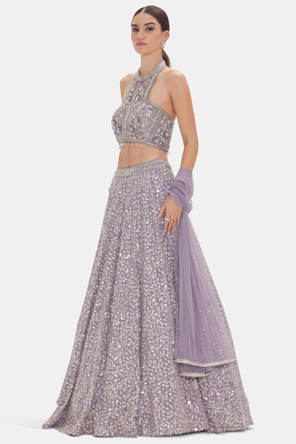 Blue Georgette Lehenga Set with Sequins and Moti Work