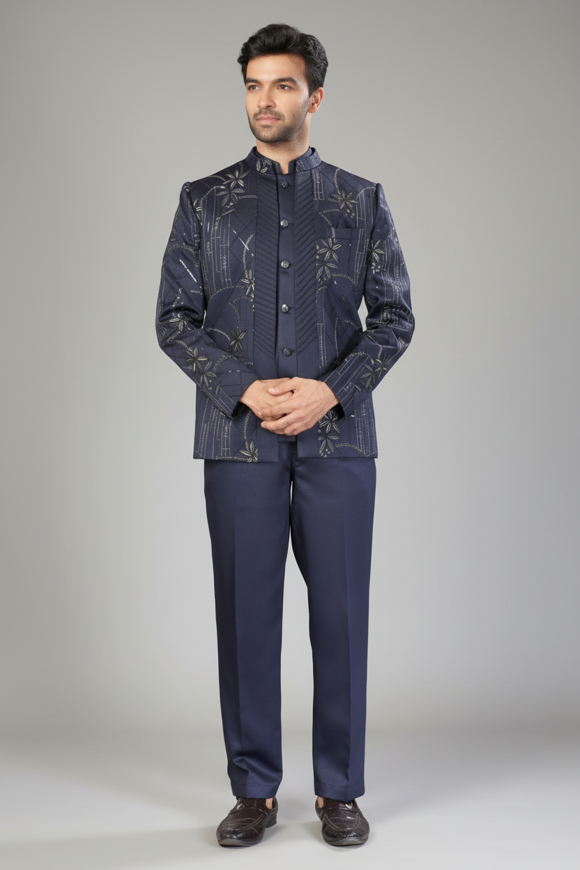 Blue Imported Jodhpuri Set with Embroidery and Sequins Work