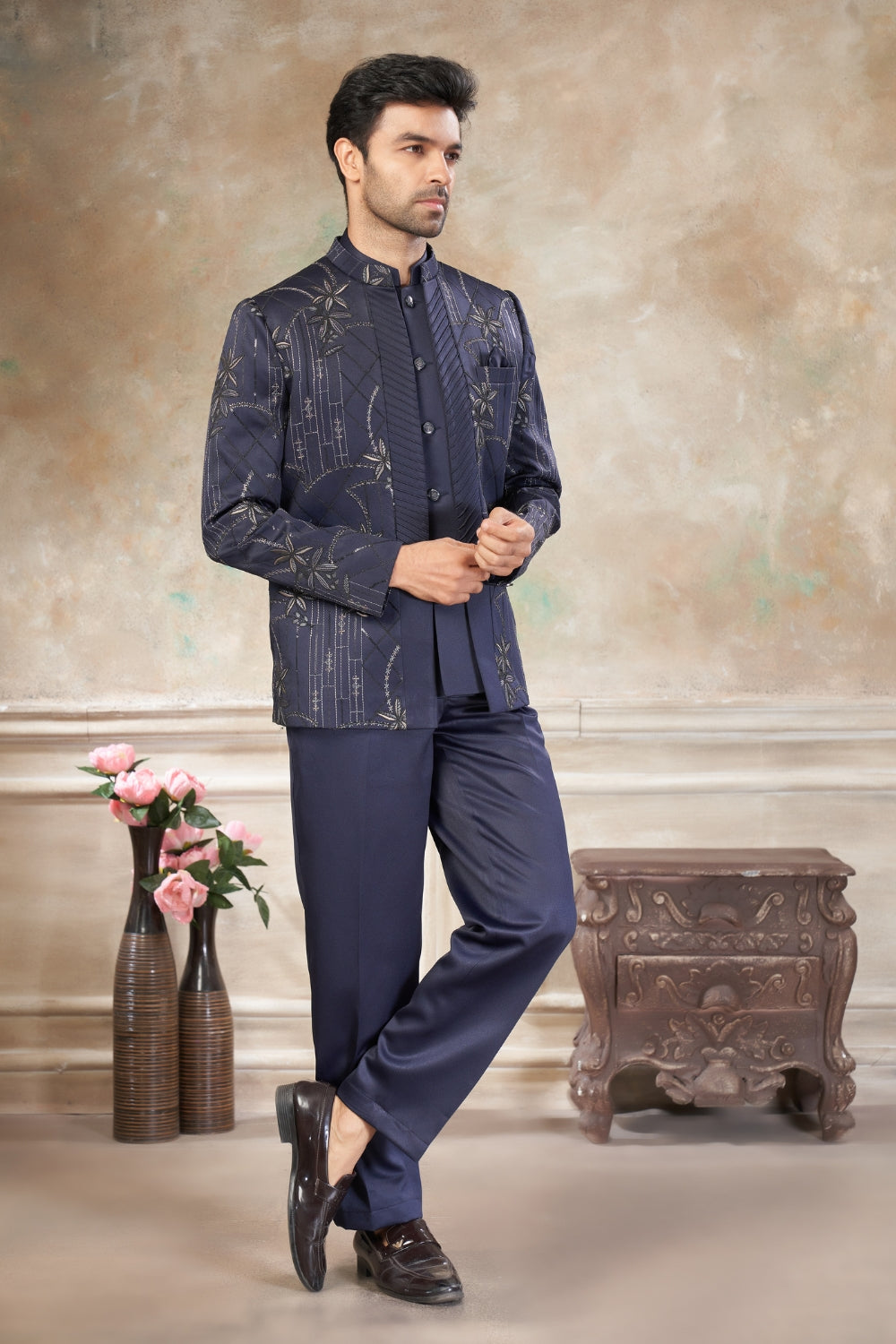 Blue Imported Jodhpuri Set with Embroidery and Sequins Work