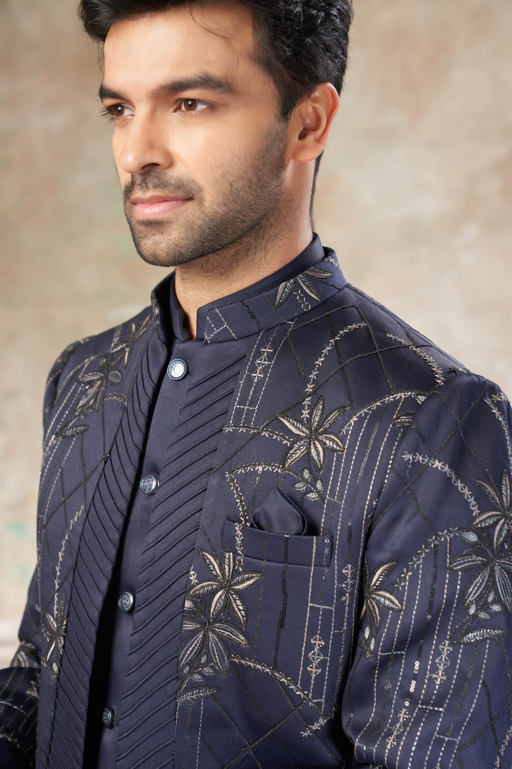 Blue Imported Jodhpuri Set with Embroidery and Sequins Work