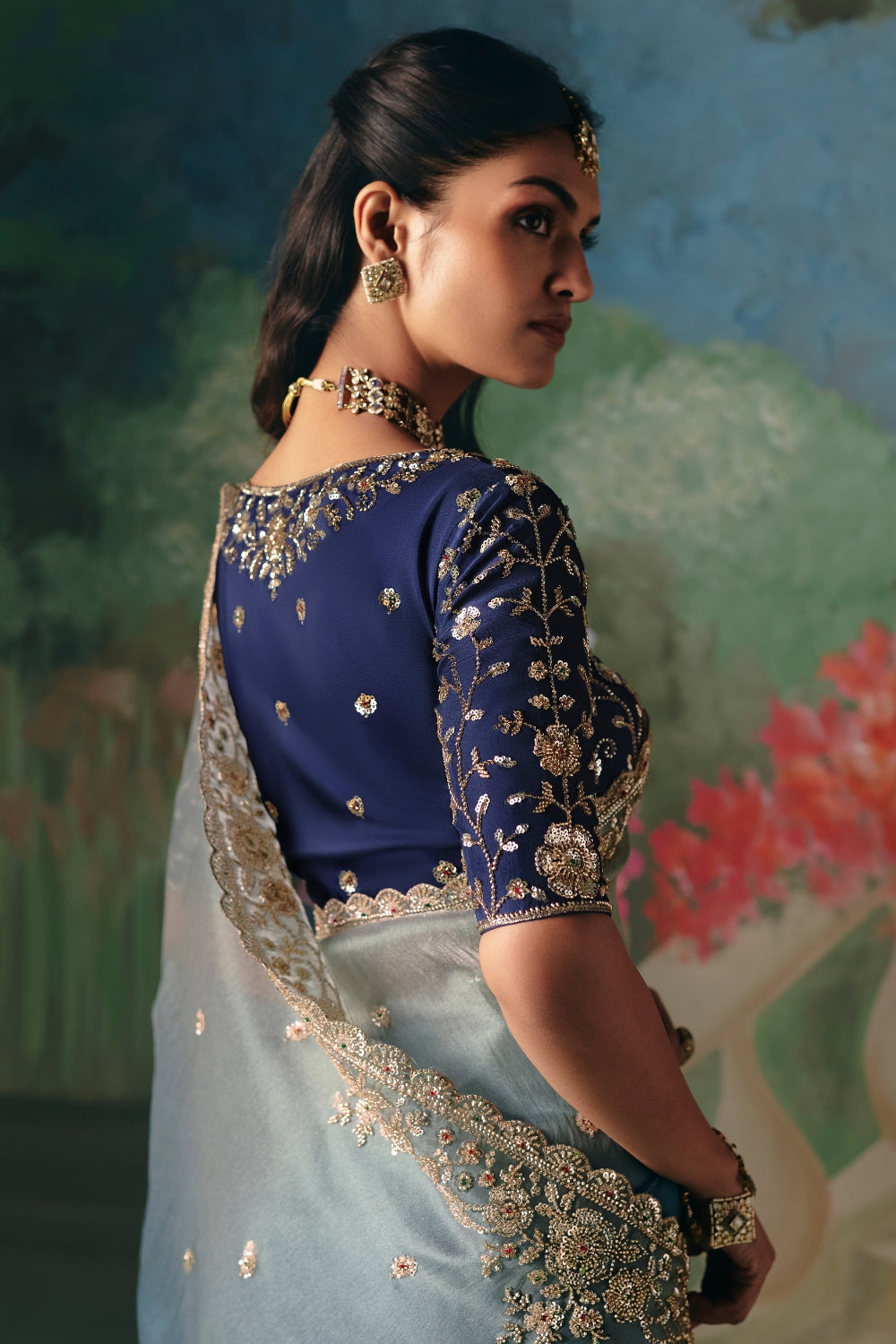 Blue Ombre Silk Saree with Cutdana and Moti Work