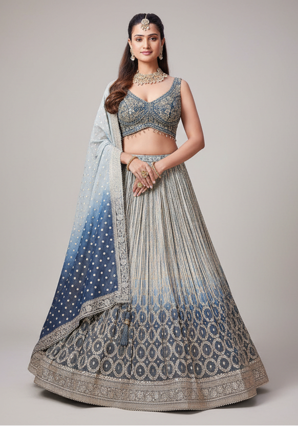 Blue Ombre Tissue Lehenga Set with Embroidery and Mirror Work
