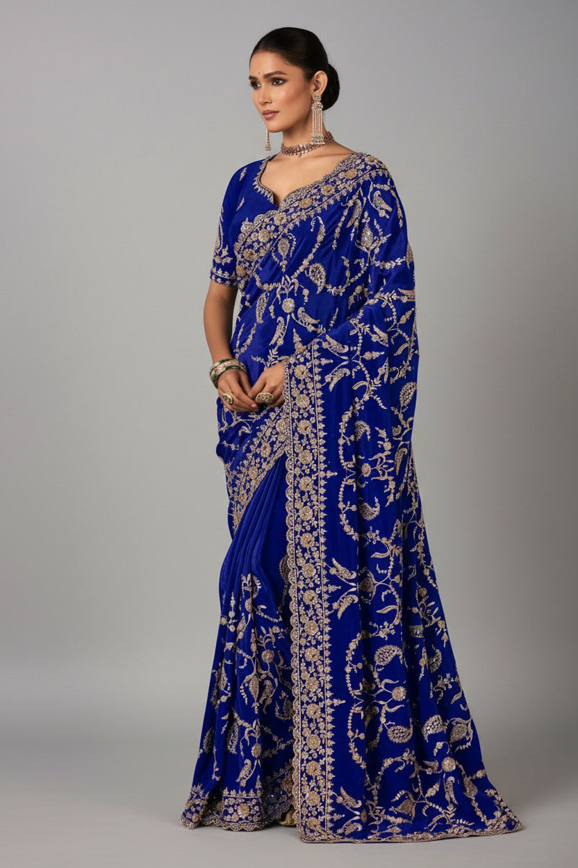 Blue Organza Tissue Saree with Embroidery and Sequins Work