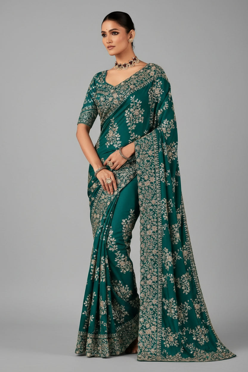 Rama Organza Tissue Saree with Embroidery and Sequins Work