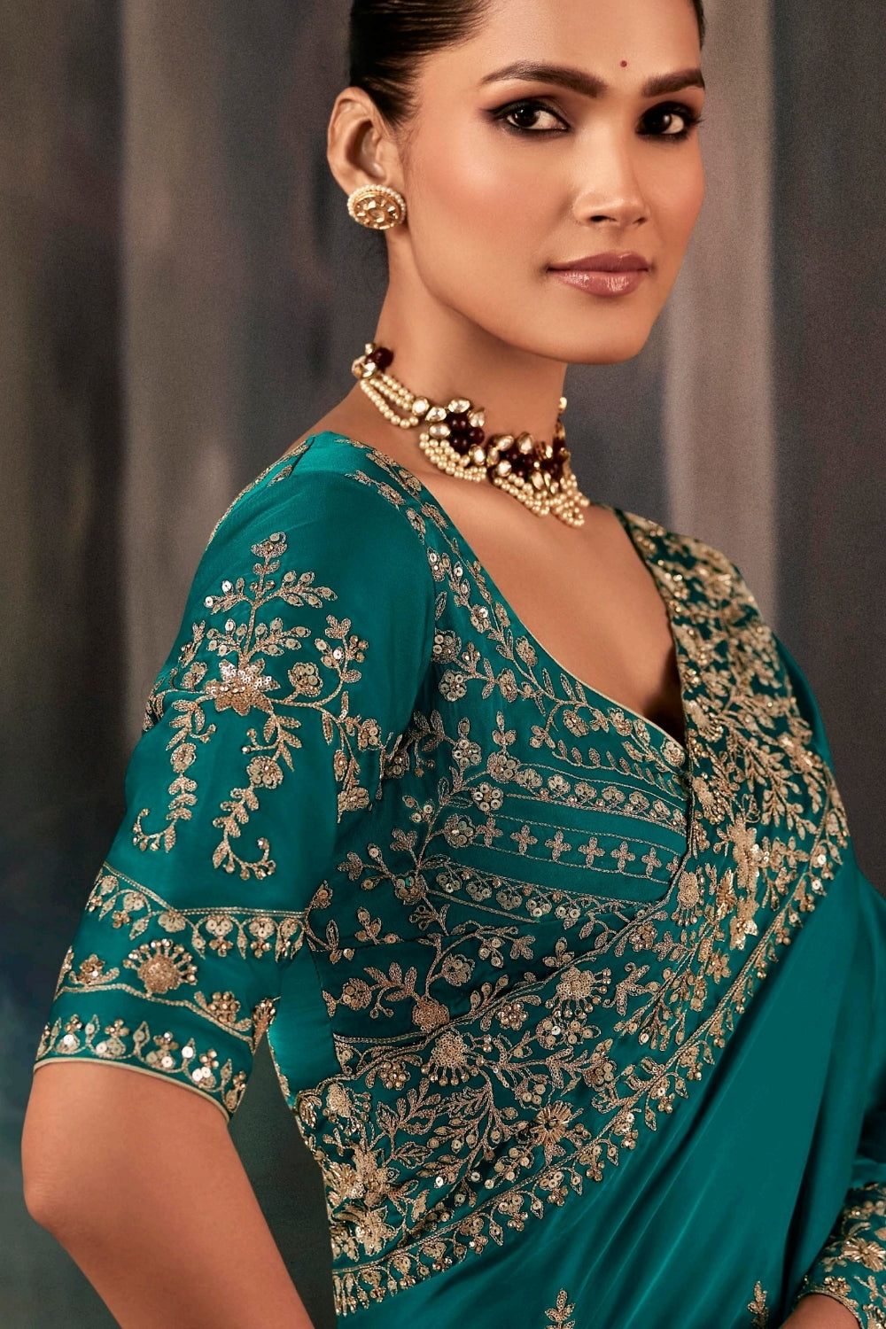 Rama Organza Tissue Saree with Embroidery and Sequins Work