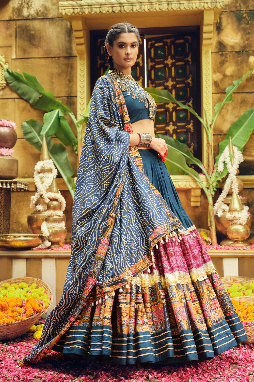 Blue Rayon Printed Navratri Lehenga Choli