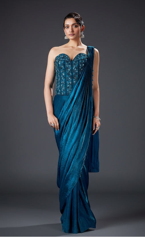 Blue Satin Silk Draped Saree with Cutdana and Moti