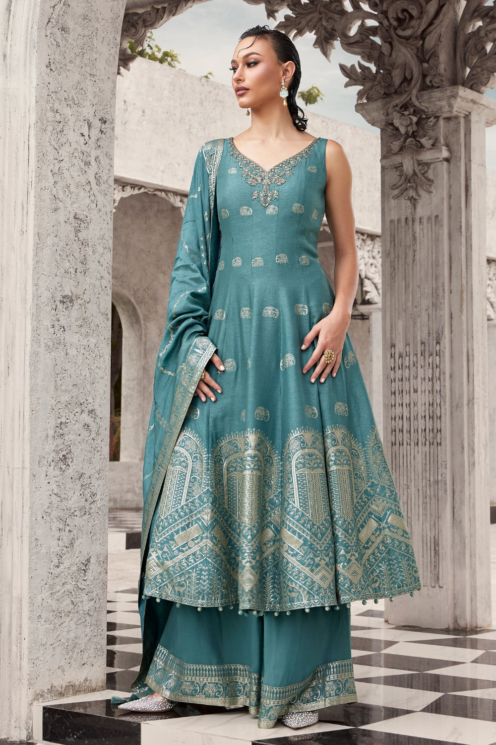 Blue Silk Anarkali Set with Zardosi and Cutdana Work