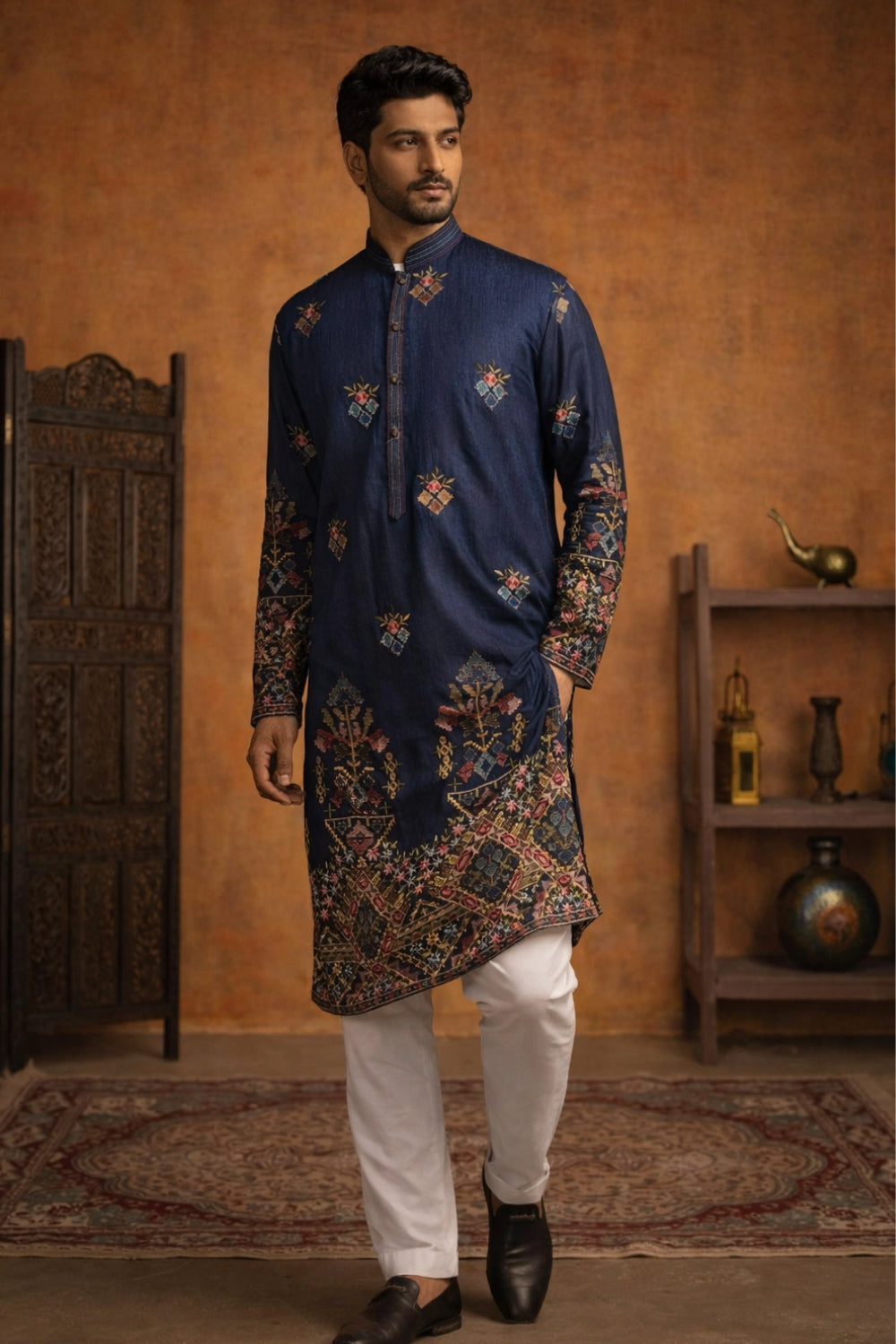 Blue Silk Kurta Set with Resham Embroidery and Sequins Work