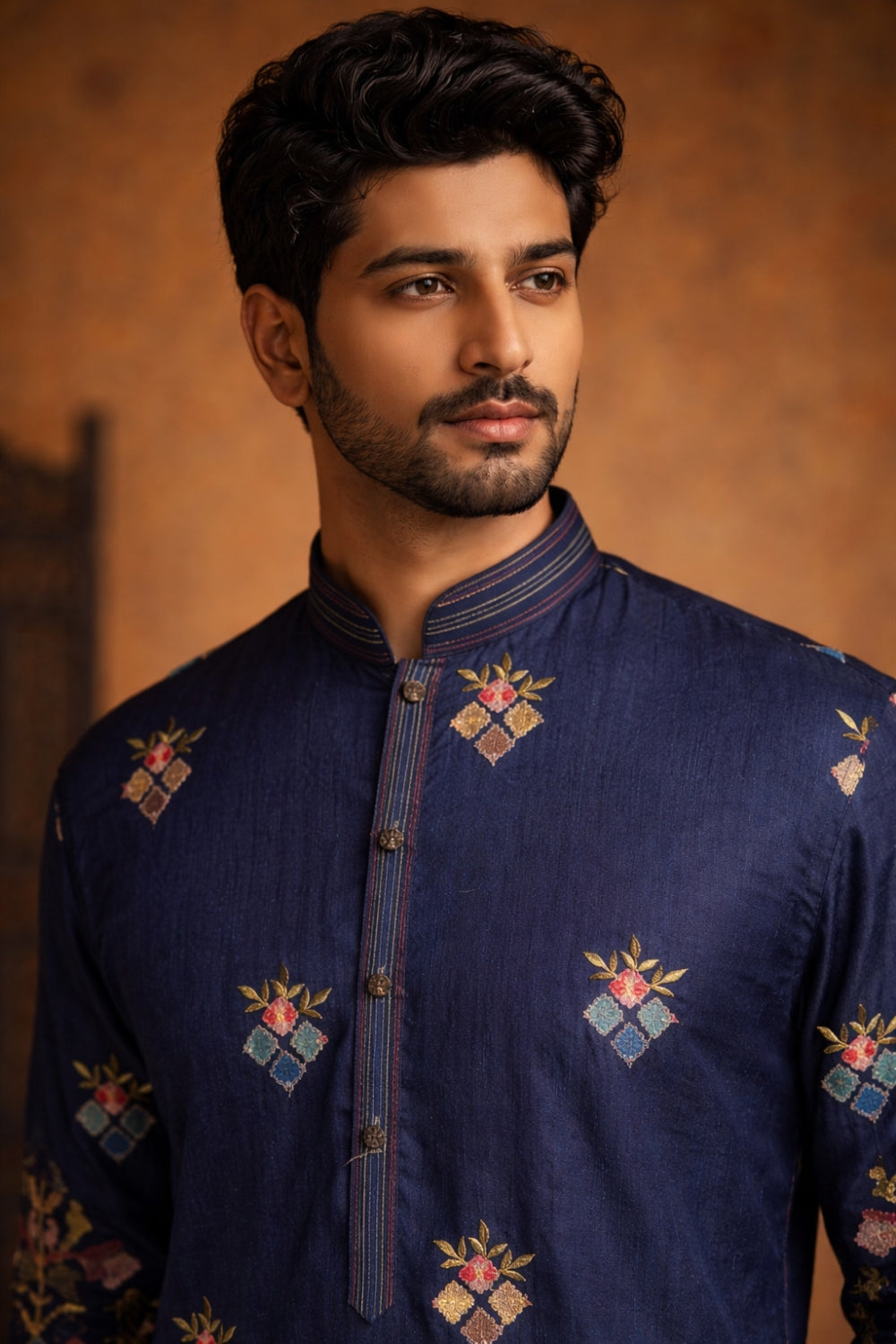 Blue Silk Kurta Set with Resham Embroidery and Sequins Work