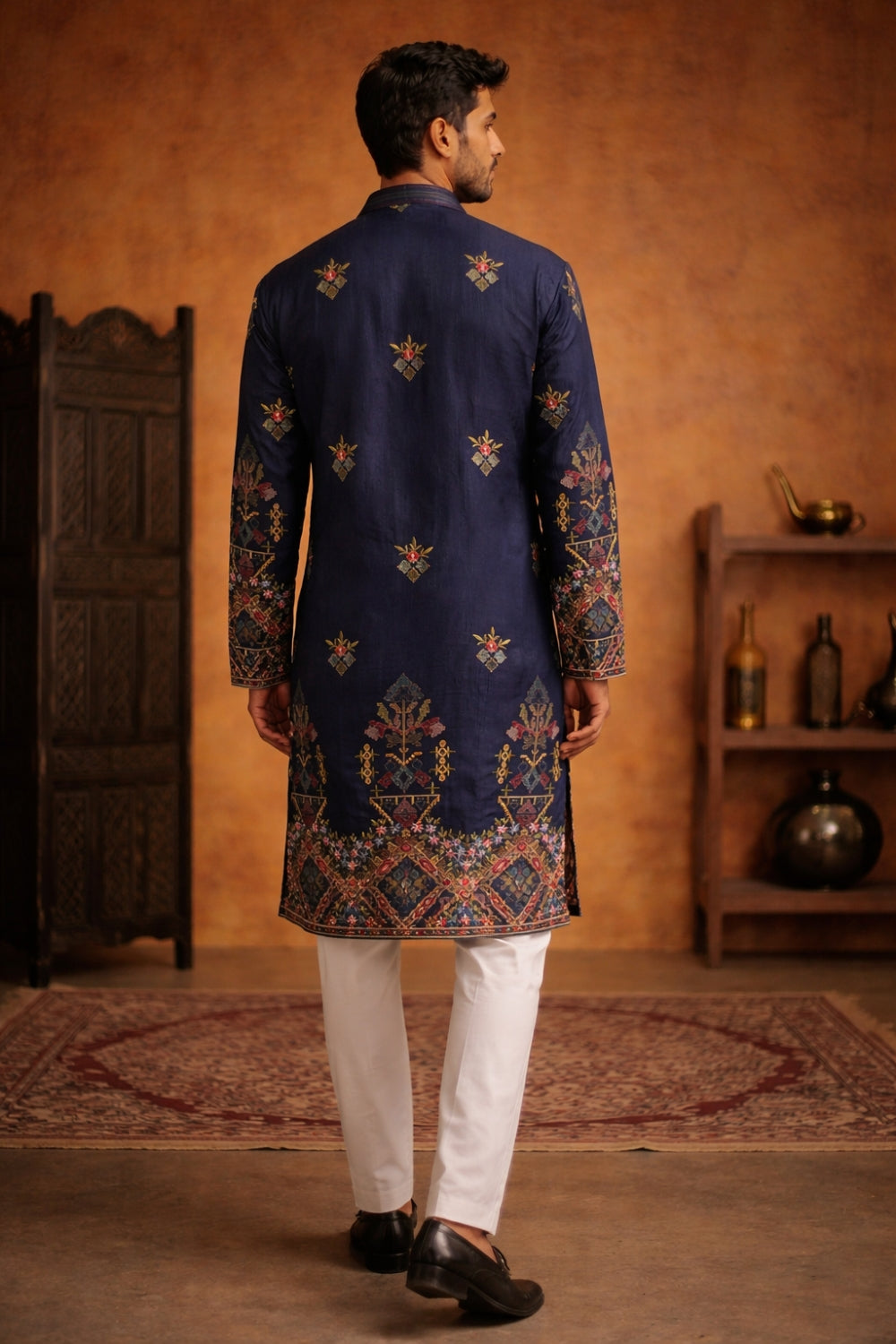 Blue Silk Kurta Set with Resham Embroidery and Sequins Work