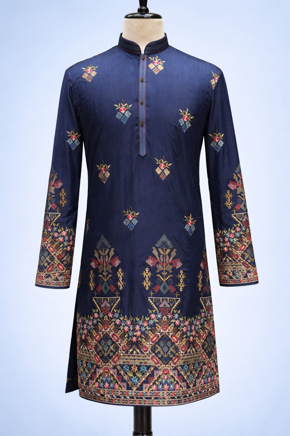 Blue Silk Kurta Set with Resham Embroidery and Sequins Work