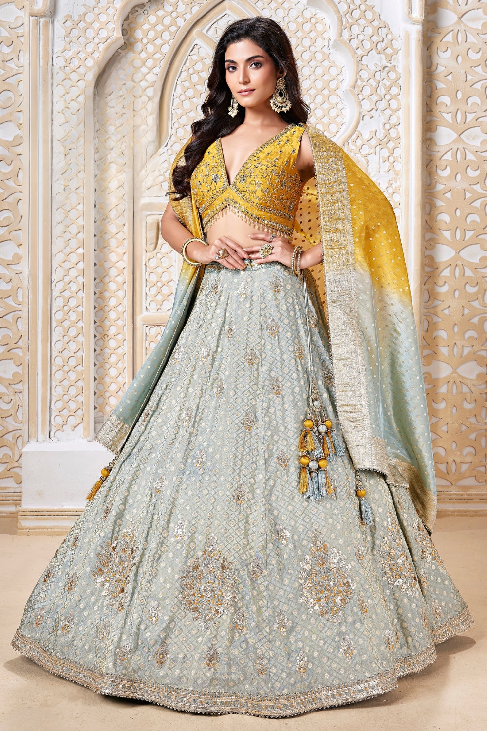 Blue Silk Lehenga Set with Mirrror and Zardosi Work
