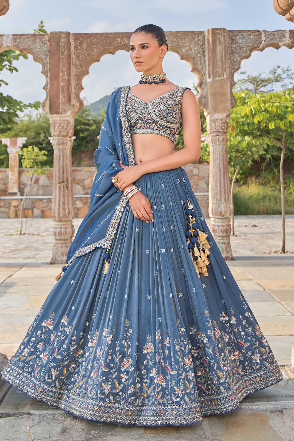 Blue Silk Tissue Lehenga Set with Sequins and Zardosi Work