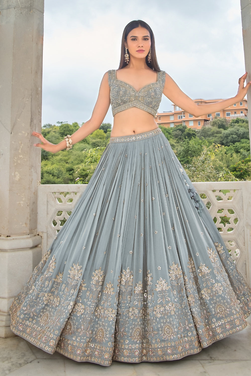 Blue Silk Tissue Lehenga Set with Cutdana and Moti Work