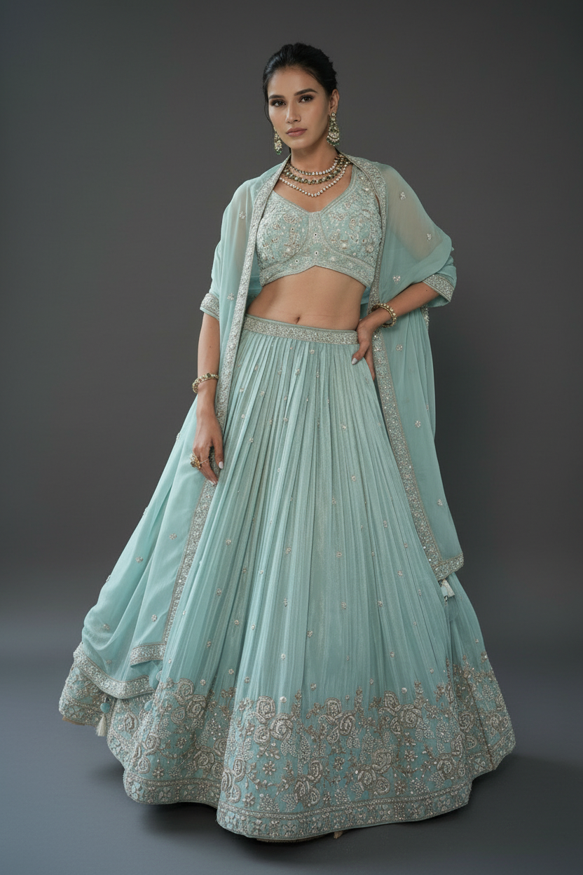 Blue Tissue Lehenga Set with Moti and Cutdana Work