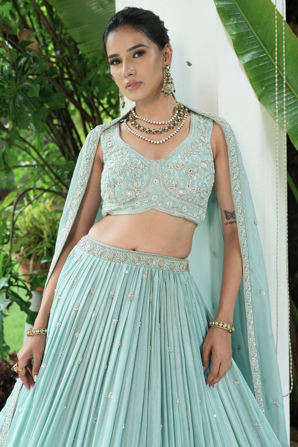 Blue Tissue Lehenga Set with Moti and Cutdana Work