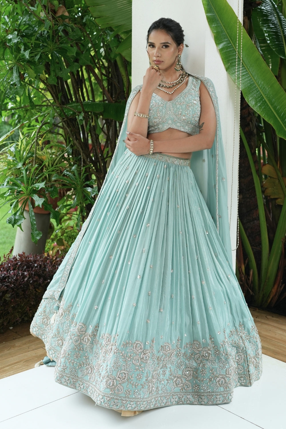 Blue Tissue Lehenga Set with Moti and Cutdana Work