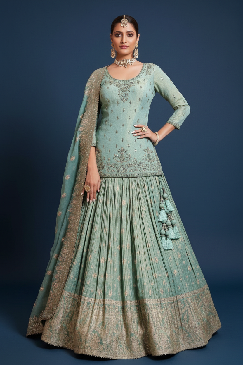 Blue Tissue Silk Designer Mirror and Bead Worked Lehenga Suit
