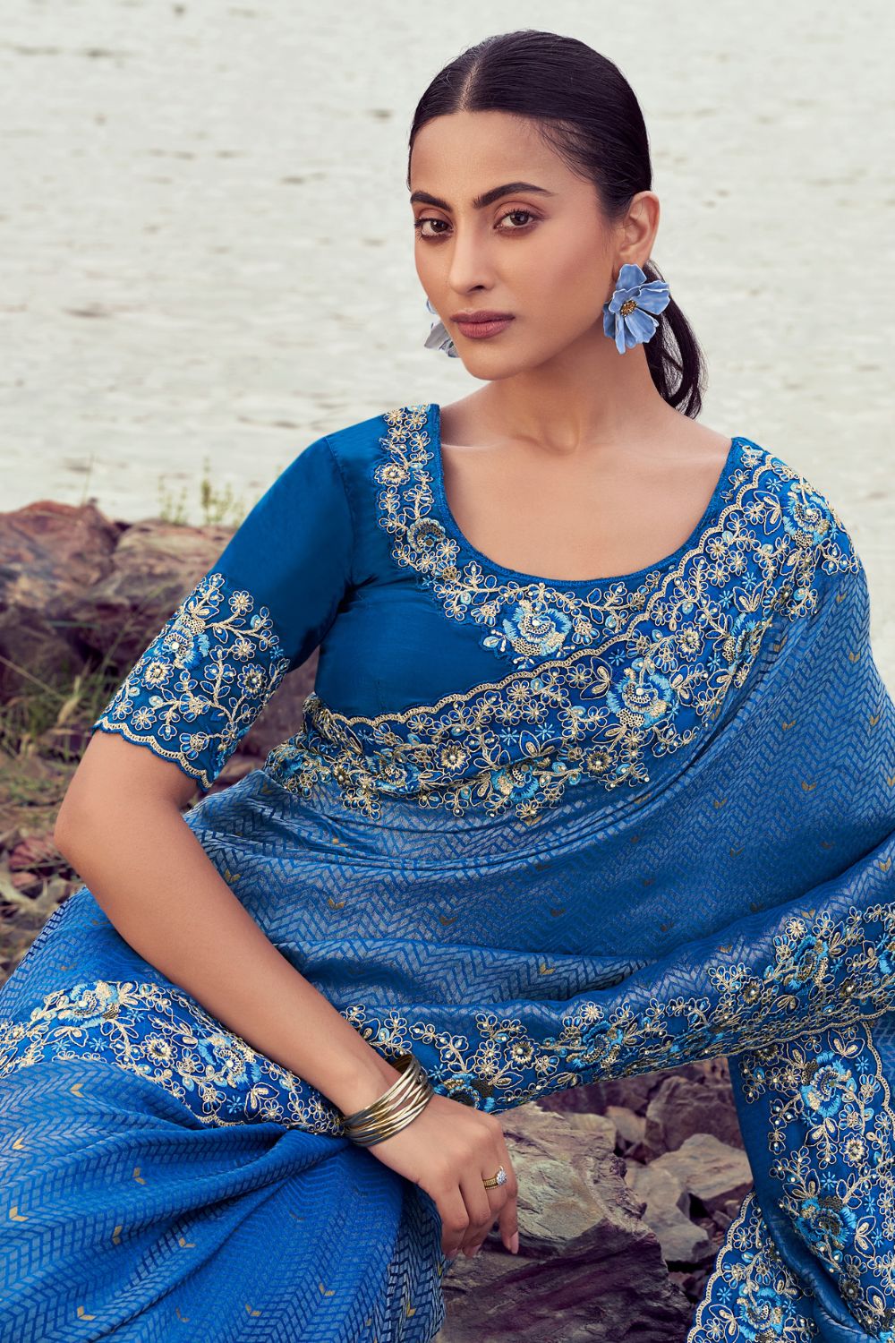 Blue Georgette Sequins and Stone Work Saree