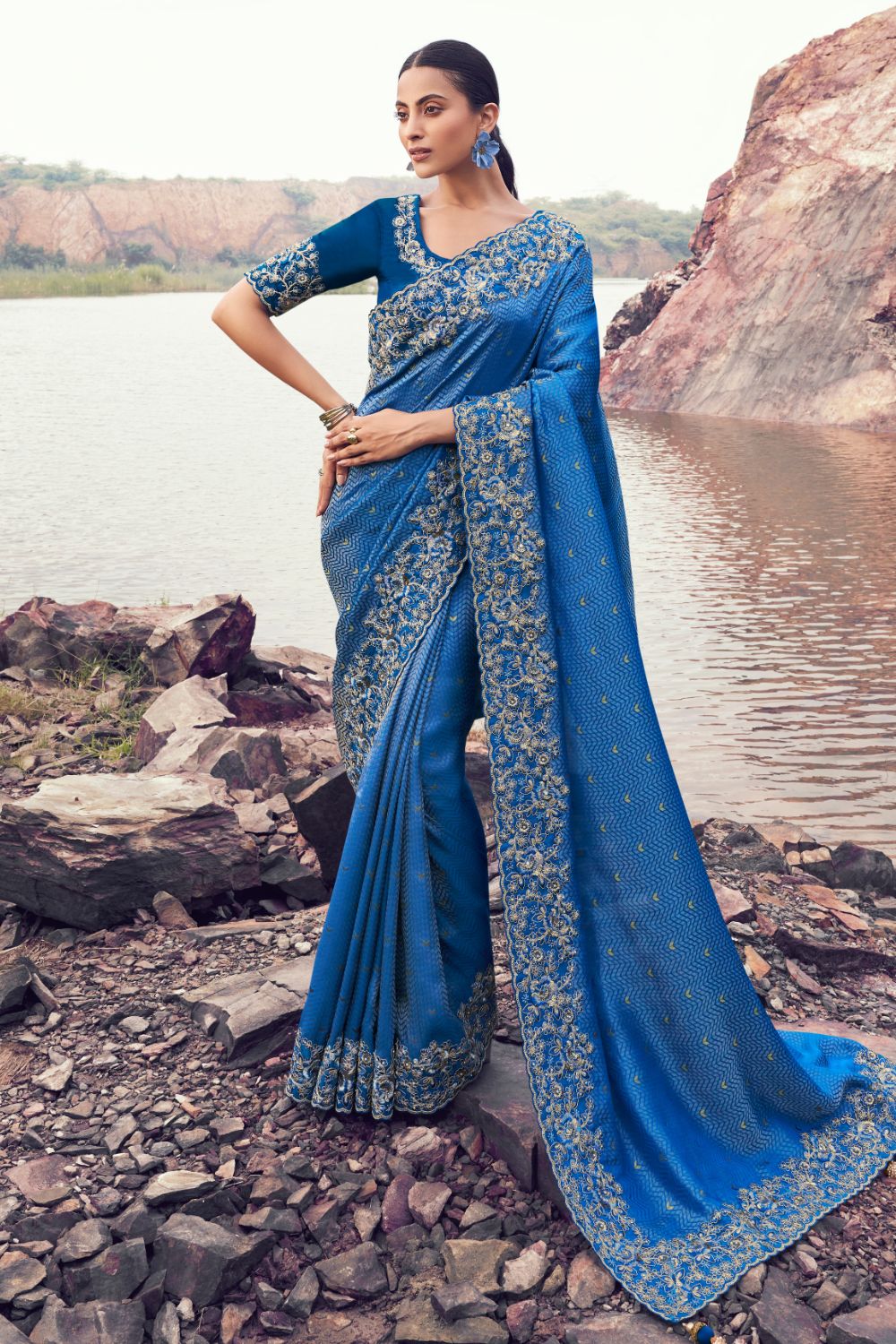 Blue Georgette Sequins and Stone Work Saree