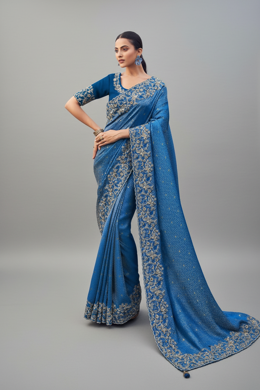 Blue Georgette Sequins and Stone Work Saree