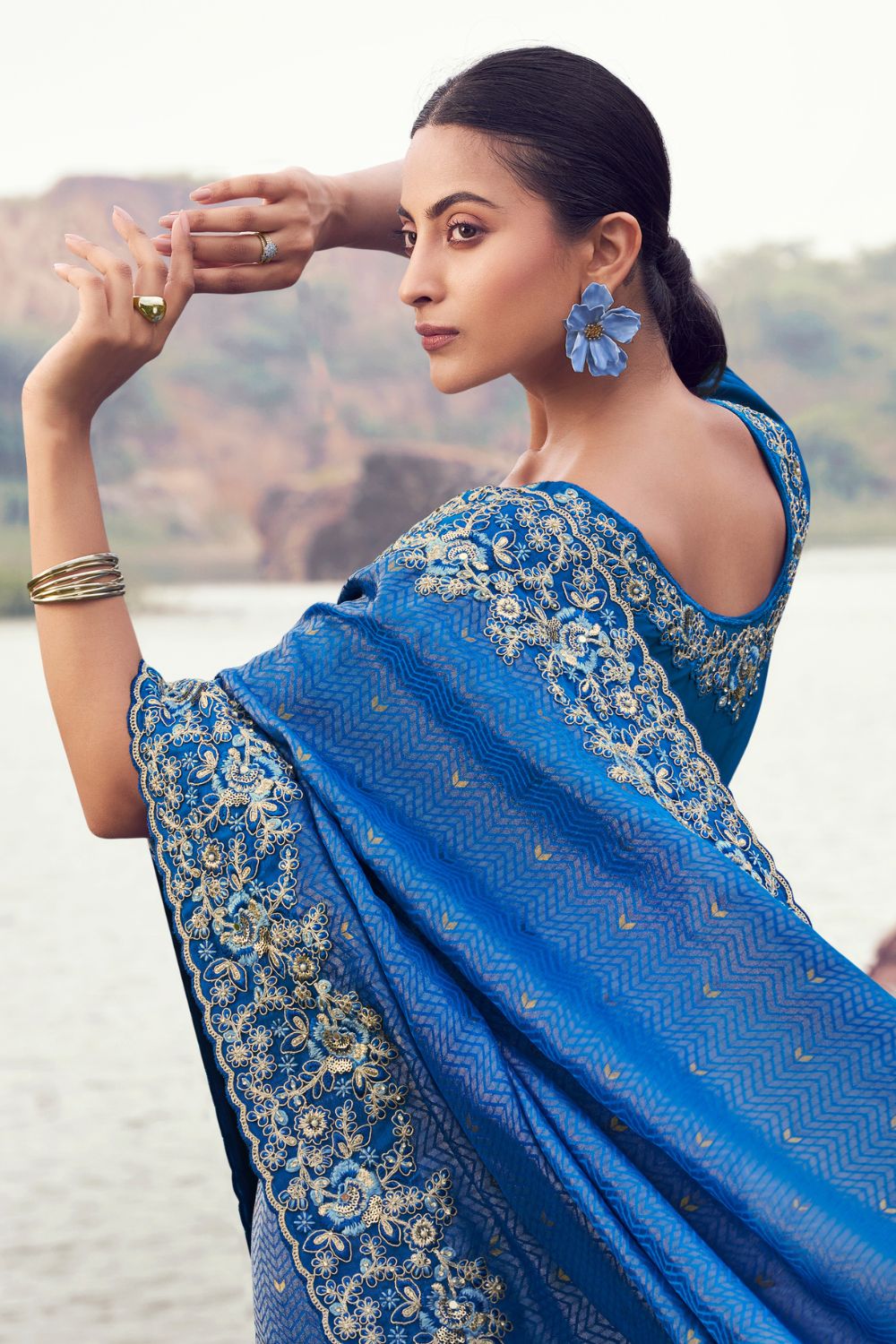 Blue Georgette Sequins and Stone Work Saree