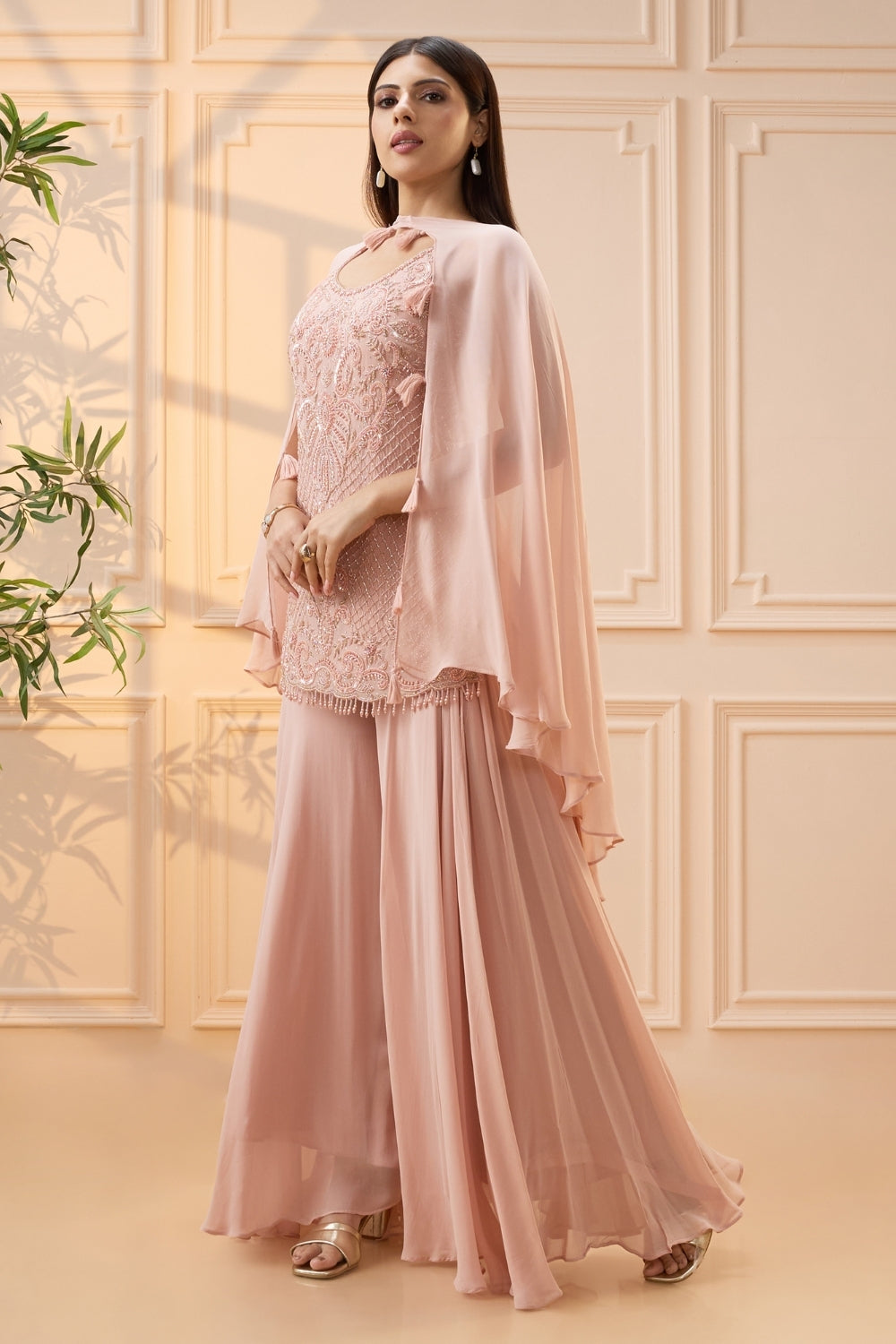 Blush Pink Georgette Palazzo Set with Cutdana and Moti Work