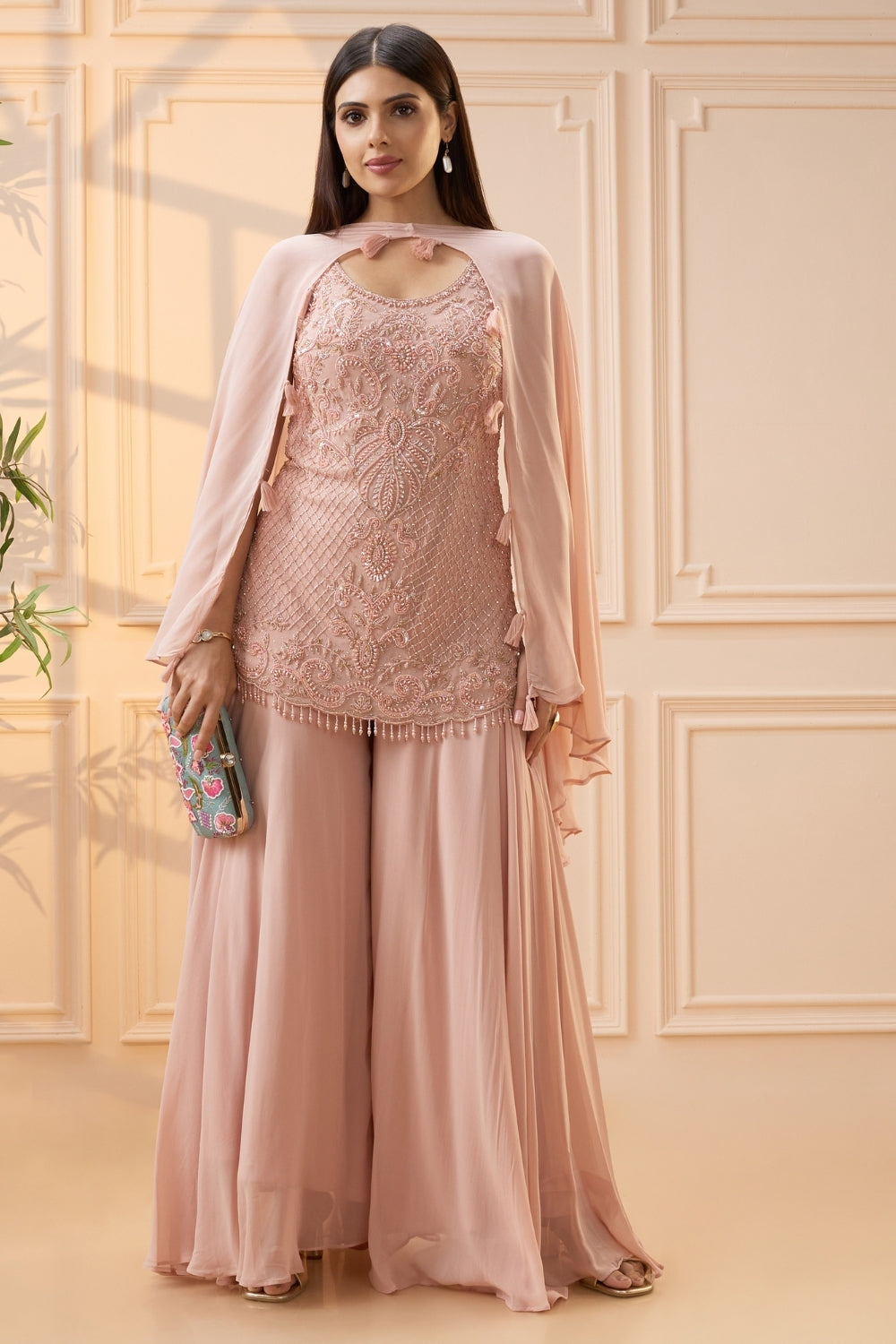 Blush Pink Georgette Palazzo Set with Cutdana and Moti Work