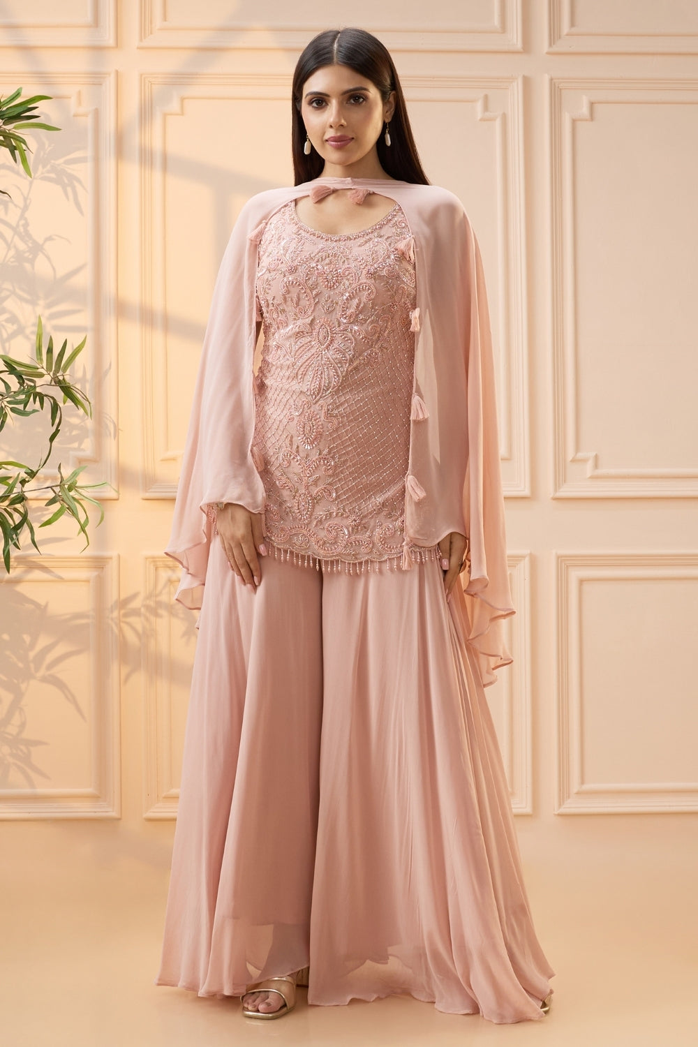 Blush Pink Georgette Palazzo Set with Cutdana and Moti Work