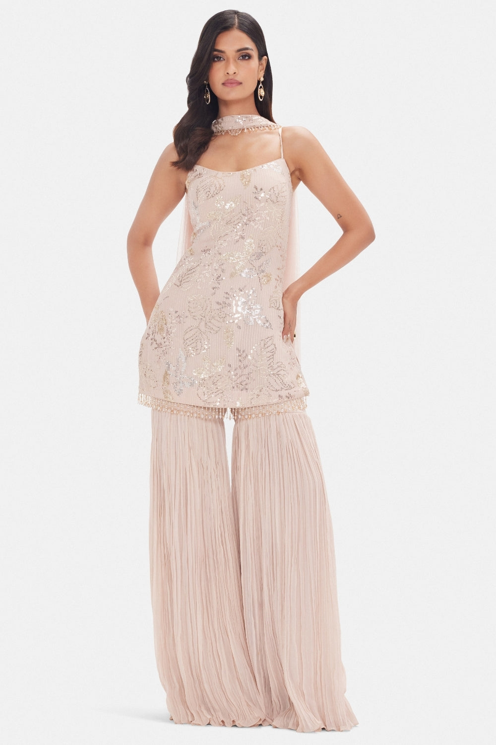 Blush Pink Georgette Sharara Set with Cutdana and Sequins Work