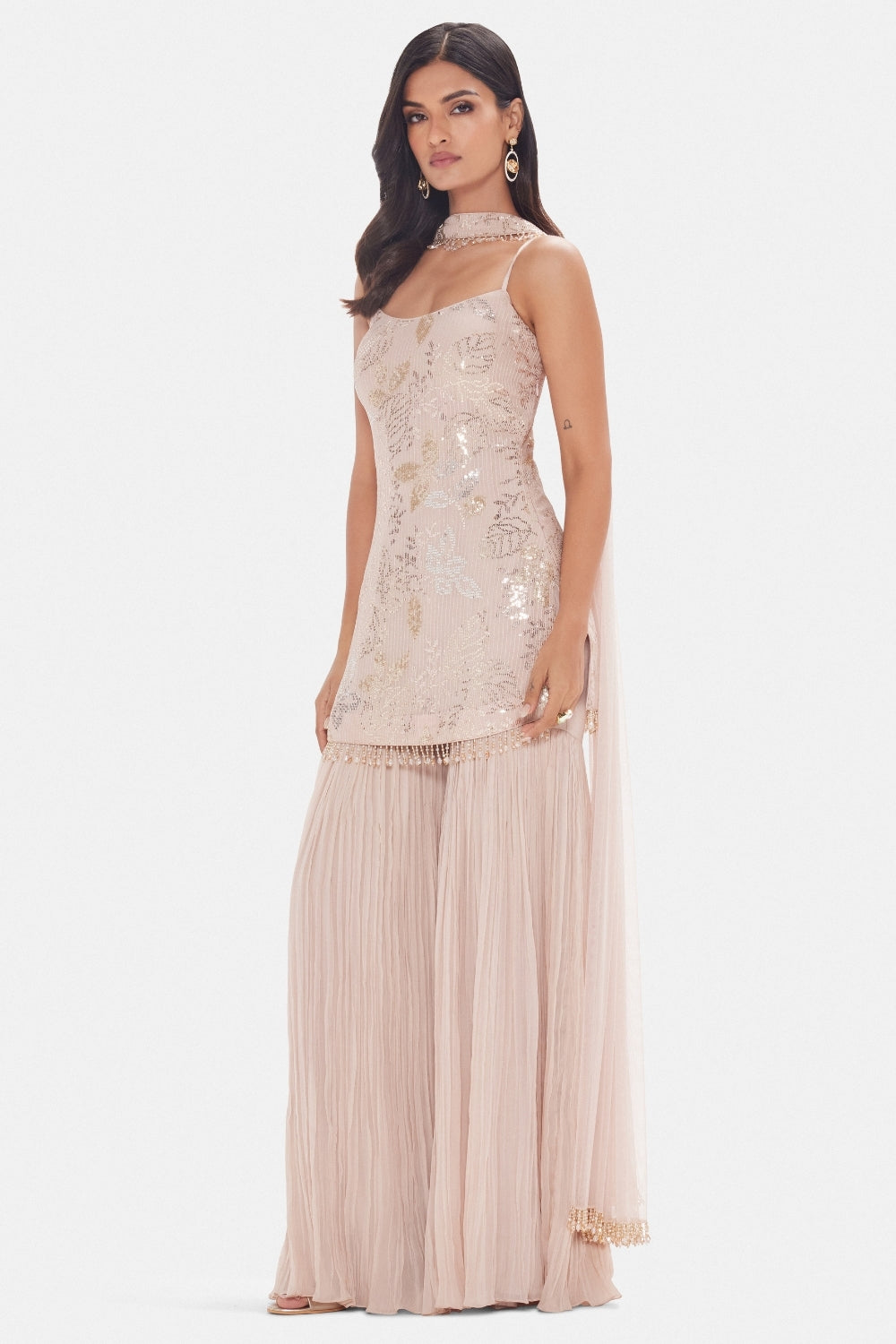 Blush Pink Georgette Sharara Set with Cutdana and Sequins Work