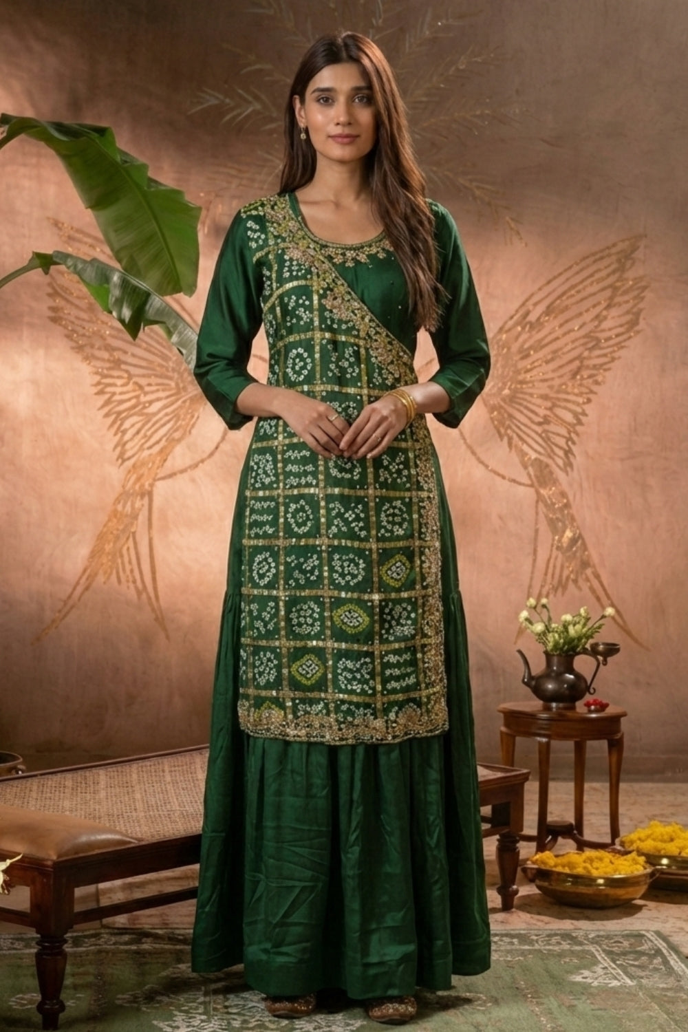 Bottle Green Gajji Silk Anarkali Set with Cutdana and Moti Work