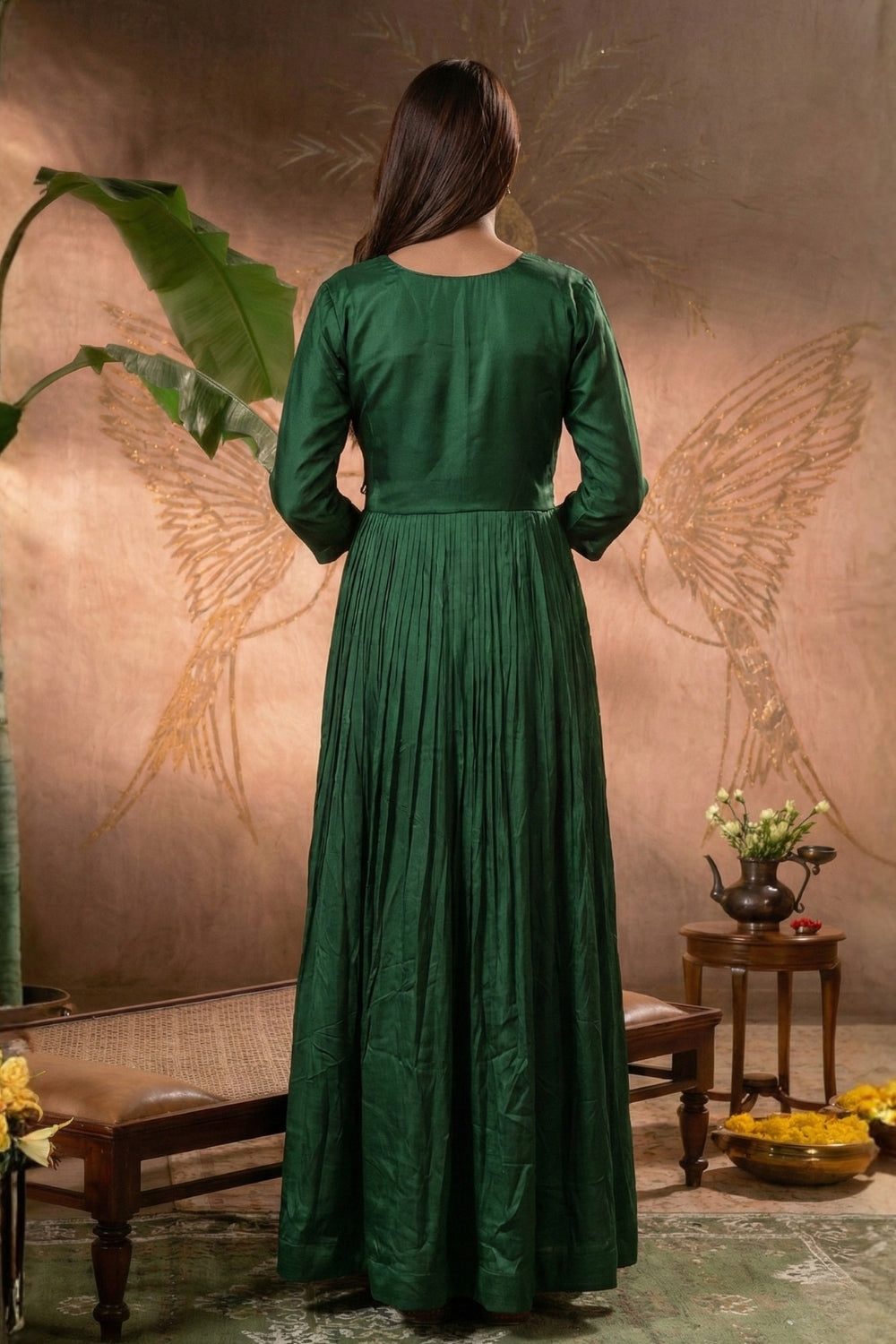 Bottle Green Gajji Silk Anarkali Set with Cutdana and Moti Work